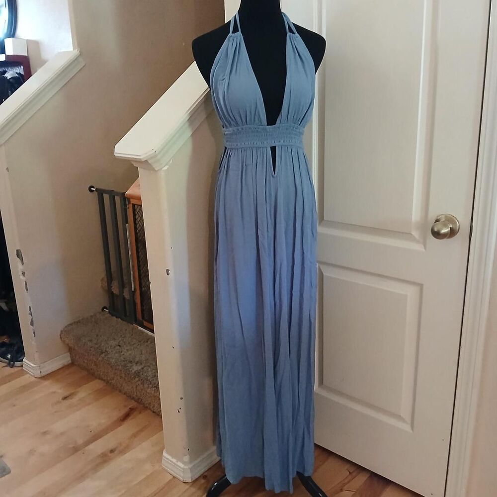 Coastal La Hierbabuena Blue Halter Top Smocked Waist Maxi Dress Cutouts Slit